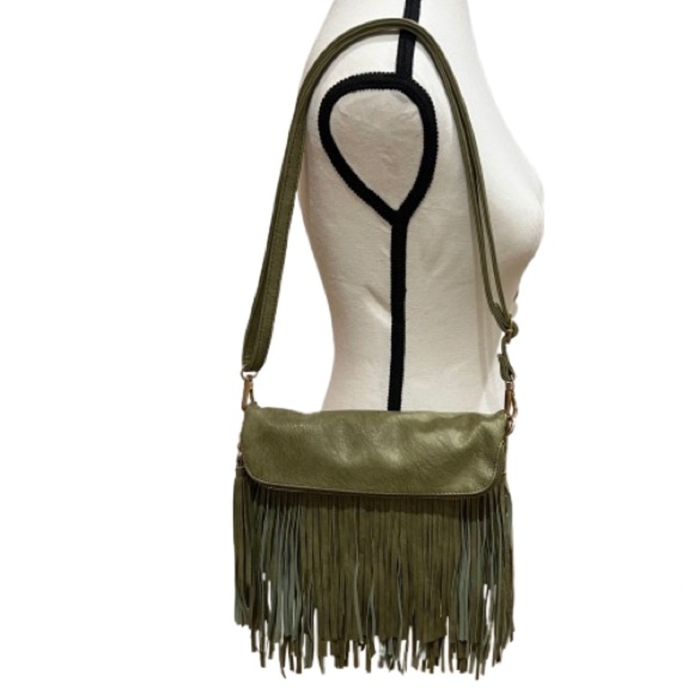Mellow World Vegan Leather Fringe Crossbody Bag Olive Boho Festival Rodeo